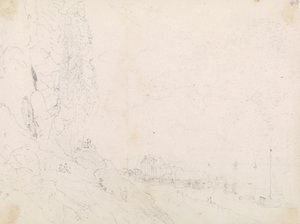 崖の近くの海辺の村のスケッチ 作： Capt. Thomas Hastings