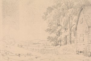 Luonnos olkikattoisesta rakennuksesta ja joesta sen takana 作： Capt. Thomas Hastings
