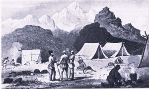 ヒマラヤでのキャンプ（Camp in Himalayas）」（Collins社発行のBritish Adventureより 作： Captain E. P. Campbell