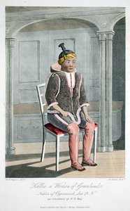 グリーンランドの女性、オーパーニヴィック出身のカリリー、「発見の航海...」のイラスト、1819年（手描きの彫刻） 作： Captain Hoppner