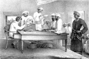 インド、セントヘレナ、カー・ニコバルでの風景」より、クチェリー・メルート判事。1835年（彫刻）。