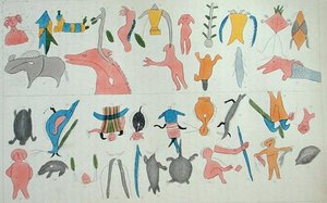 1853年に出版されたヘンリー・R・スクールクラフト著「アメリカのインディアン部族の歴史、状態、展望に関する情報」より、狩猟と戦争における酋長の活躍を描いたもの（水彩・紙 作： Captain Seth Eastman