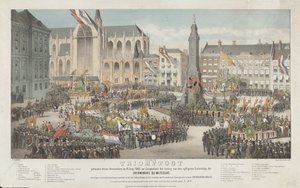 1865 年 6 月 19 日にアムステルダムで 50 回目のワーテルロー戦勝記念日を祝って開催された凱旋門 (オブジェクトのタイトル) 作： Carel Christiaan Antony Last