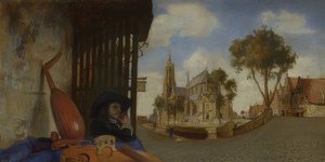 楽器屋さんのブースとデルフトの眺め。 1652年