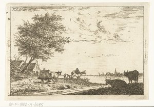 農家と農場で牛と川の風景 風景（シリーズタイトル） 作： Carel Frederik Bendorp (I)