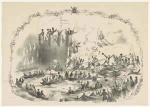 1863年、ユトレヒト・ホーゲスクールを閉鎖するトールベッケの計画の漫画 2 つの強力な要素の間の戦い (オブジェクトのタイトル) 作： Carel Hendrik Thiebout