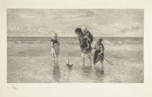 浅い海のビーチでおもちゃのボートで遊ぶ 4 人の子供 海の子供たち 作： Carel Lodewijk Dake