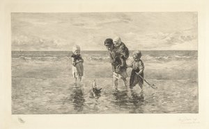 浅い海のビーチでおもちゃのボートで遊ぶ 4 人の子供 海の子供たち 作： Carel Lodewijk Dake