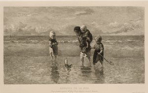 浅い海のビーチでおもちゃのボートで遊ぶ 4 人の子供 海の子供たち Enfants de la mer (オブジェクトのタイトル) 作： Carel Lodewijk Dake
