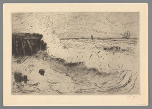 桟橋で帆船のある野生の海 作： Carel Nicolaas Storm van 