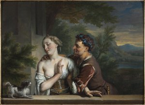 カレル（シャルル）・ド・ムーア（1656-1738）の「女を抱こうとする男」。油彩・キャンバス寸法：33,5x47cmストックホルム国立博物館 作： Carel De Moor