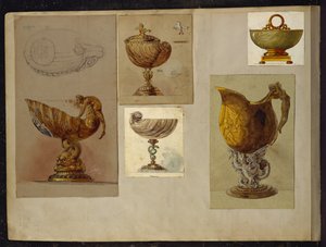 カール・ファベルジェのデザインセレクション（カードに鉛筆と水彩で白と金の彩色を施したもの 作： Carl Fabergé