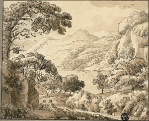 二人の人物と山中湖 作： Carl August Lebschee