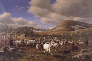 トナカイの群れが搾乳エリアに耕されます。 ローロスの北にある高山のモチーフ 作： Carl Bøgh