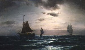 月夜の海に浮かぶ船 作： Carl Bille