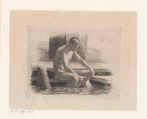 水辺の階段に座っている裸の男