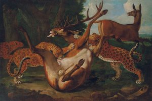 風景の中のシカを襲うヒョウ 作： Carl Borromaus Andreas Ruthart