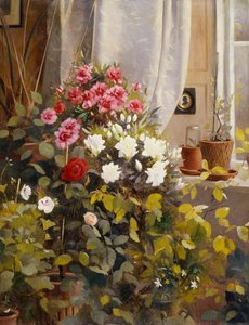 ツツジ、ゼラニウム、バラ、その他の鉢植えの植物 作： Carl Christian Carlsen