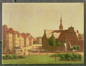 1866年、コペンハーゲンのクリスチャンスボー城の窓から見た宮殿広場とホルメンス教会 作： Carl Christian Constantin Hansen