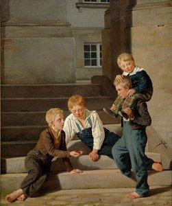 1834年、コペンハーゲンのクリスチャンスボー城の前でサイコロを振る少年たち 作： Carl Christian Constantin Hansen