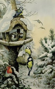 青いシジュウカラ、シジュウカラ、スズメとロビンの冬の鳥のテーブル 作： Carl Donner