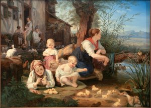 村の池で子供と母親 作： Carl Engel von Rabenau