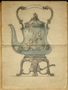 形作られた銀のやかんとスタンド、カールファベルジェの家 作： Carl Fabergé