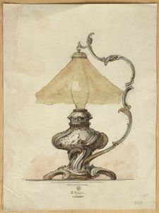 ロココ様式のねじれた溝付きボディを備えたシルバーのテーブルランプの描画、House of Carl Faberge 作： Carl Fabergé