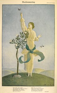 詩 "Vorsommertag" のドローイング: .詩 "Vorsommertag" のドローイング。 蝶に手を伸ばす女性。 作： Carl Friedrich Otto Lendecke
