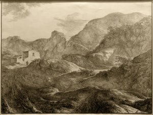 山の風景、左側にある家の前にハイカー 作： Carl Friedrich von Rumohr