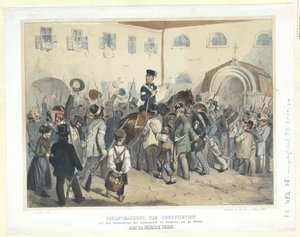 1848年3月15日、ヴィーデンのフライハウス（自由会館）にある州兵の集会所での憲法布告（カラーリトグラフ） 作： Carl Goebel