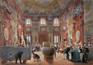 古美術品のコレクションからの彫刻があるベルヴェデーレ下層階の大きな大理石のホール 作： Carl Goebel d. J.