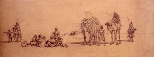 砂漠の中の人物とラクダ（トレーシングペーパーに鉛筆、それをカードに貼り付けたもの） 作： Carl Haag