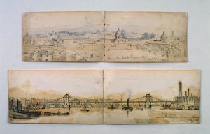 ハンガーフォード吊り橋とモンテピネイオ、1847年（紙に鉛筆とウォッシュ） 作： Carl Haag