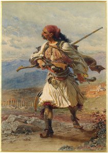 ギリシャ独立戦争時 (1821-1830) のギリシャの戦士アルマトールの肖像 - カール ハーグ (1820-1915) の作品、紙に水彩とグワッシュ (35x25 cm)