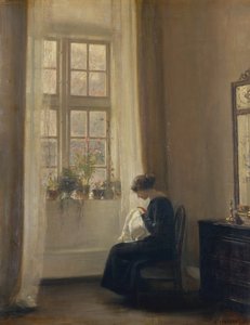 インテリアで裁縫をする少女（キャンバスに油彩） 作： Carl Holsoe