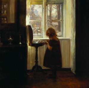 裁縫台のそばに立つ少女（帆布に油彩） 作： Carl Holsoe