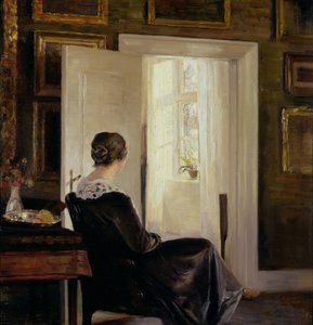 ドアの近くに座っている女性 作： Carl Holsoe