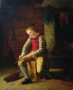 木製のボートを作る少年 作： Carl Julius Lorck