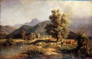 馬と羊のいる山の森の風景 作： Carl Jutz