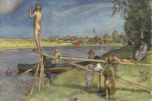 快適な入浴場所、Aホームシリーズ、c.1895（紙にトイレ） 作： Carl Larsson