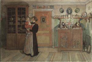 クリスマスと新年の間に、Aホームシリーズから、c.1895（紙にトイレ） 作： Carl Larsson