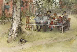 ビッグバーチの下での朝食、Aホームシリーズ、1895年頃（紙にトイレ） 作： Carl Larsson