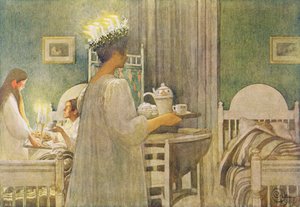クリスマスの朝、パブ。 「Lasst Licht Hinin」（「Let in More Light」）、1908 作： Carl Larsson