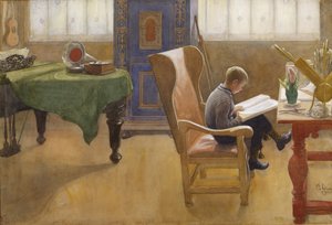 研究コーナーのエスビョルン、1912（紙にトイレ） 作： Carl Larsson