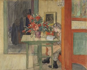 ラルソン、カール（1853-1919）の「リスベット・リザント-リスベット・リーディング」。水彩、テンペラ、紙