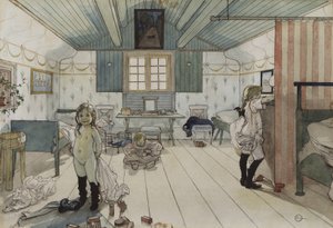 マンマと小さな女の子の部屋、Aホームシリーズ、c.1895（紙にトイレ） 作： Carl Larsson