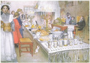 クリスマス・イブの夜、大広間の巨大な長テーブルは料理で埋め尽くされる（カラーリトグラフ）