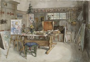 スタジオ、Aホームシリーズ、c.1895（紙にトイレ） 作： Carl Larsson