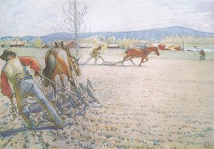 ハローを持った二人の男は系統的に前後に働きました 作： Carl Larsson